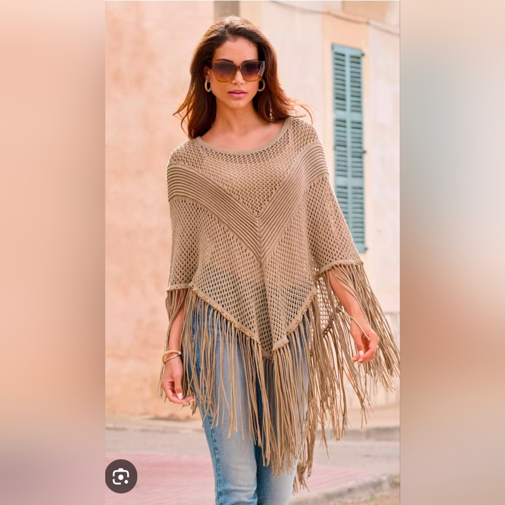 Boston Proper Western Poncho Tassel Brown Net Faux Suede Fringe Os